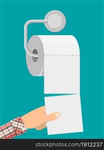 White roll of toilet paper on holder. Hank of paper for toilet. Vector illustration in flat style -. White roll of toilet paper on holder.