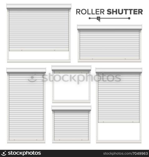White Roller Shutters Vector. Window, Door, Garage, Storage Roller Shutters. Opened And Closed. Front View. Isolated. White Roller Shutters Vector. Window, Door, Garage, Storage Roller Shutters. Opened And Closed. Front View