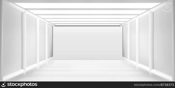 White room, abstract corridor interior, art gallery exhibition hall background. Museum or apartment empty space. 3d render with blank white walls, illumination on ceiling Realistic vector illustration. White room, abstract corridor interior art gallery