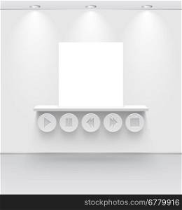 White room with shelf and media interface