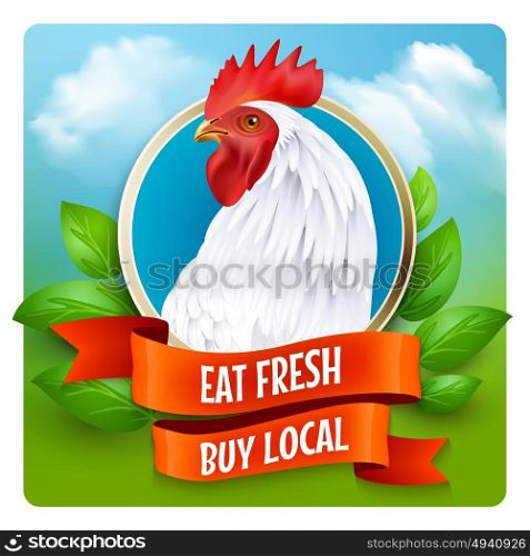 White Rooster Head Advertisement Poster . Local organic poultry farm advertisement poster with white country style rooster head and green farmland background vector illustration
