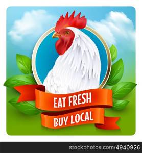 White Rooster Head Advertisement Poster . Local organic poultry farm advertisement poster with white country style rooster head and green farmland background vector illustration