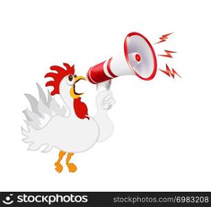 White rooster screaming in a megaphone. Humorous vector isolated illustration