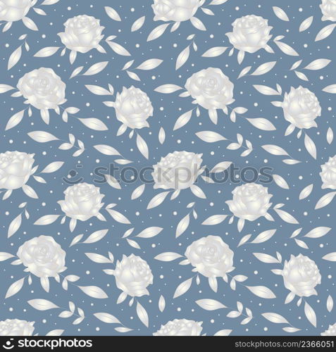 White roses seamless pattern on blue background. Vector illustration.