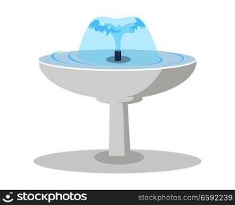 White round fountain with spouting water flat vector isolated on white background. Classic decorative ceramic element for garden or park landscape design illustration. Public fountain with clear water. White Ceramic Fountain with Spouting Water Vector