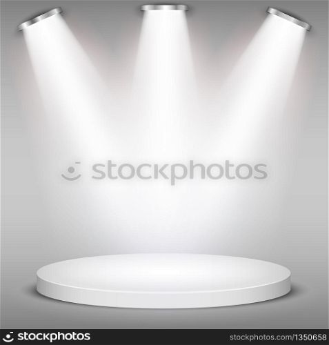 White round winner podium on gray background. Stage with studio lights for awards ceremony. spotlights illuminate. Vector illustration.