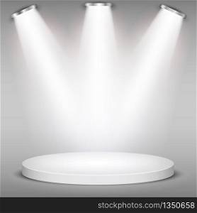 White round winner podium on gray background. Stage with studio lights for awards ceremony. spotlights illuminate. Vector illustration.