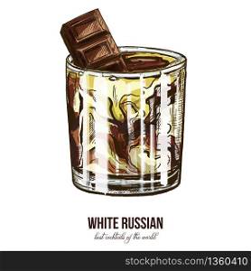 White Russian cocktail, vector illustration, hand drawn colored sketch