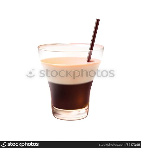 White russian realistic cocktail in glass with drinking straw isolated on white background vector illustration