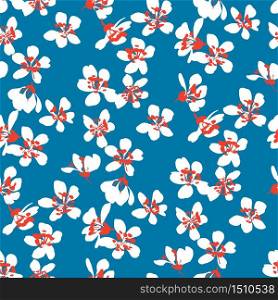 White sakura blossom on classic blue background. Floral seamless pattern for background, fabric, textile, wrap, surface, web and print design. Hand drawn flowers rapport.