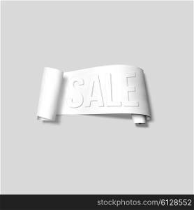 White sale sign, paper banner, vector ribbon with shadow isolated on gray.