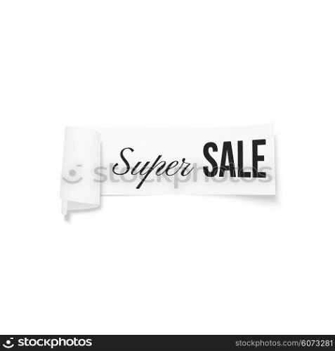 White sale sign, paper banner, vector ribbon with shadow isolated on white.
