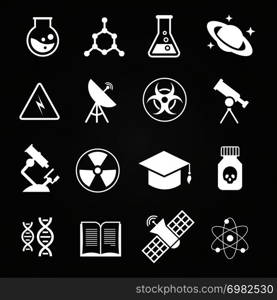 White science vector icons on chalkboard. Education school icon illustration. White science vector icons on chalkboard