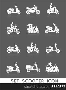 White scooter motorcycle vehicles with people silhouettes icons set isolated vector illustration
