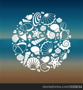 White seashell silhouette round concept. Graphic summer marine, vector illustration. White seashell silhouette round concept
