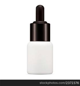 White serum dropper bottle vector mockup. Face skin essence glass jar with brown pipette, premium medical treatment blank. Eyedropper flask template, essential aroma vial, liquid parfume. White serum dropper bottle vector mockup face skin