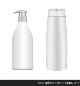White sh&oo bottle. lotion pump container, bath gel 3d design. Realistic cosmetic product collection, moisturizer with pump dispenser, clear design. Soap bottle mockup