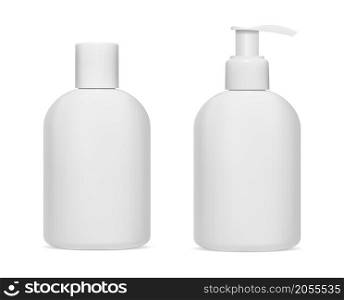White shampoo bottle. Cosmetic product dispenser bottle. Opaque plastic body cream container mockup. Liquid soap bottle designfor brand, round package. White shampoo bottle. Cosmetic product dispenser bottle