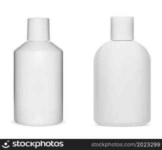 White shampoo bottle mockup. Plastic cosmetic bottle for shower gel, body cream. Realistic beauty bottle collection, vector illustration. Hair moisturizer packaging, skin care hygiene. White shampoo bottle mockup. Plastic cosmetic bottle