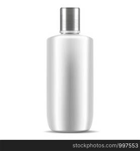 White shampoo cosmetic bottle mockup. Realistic vector 3d illustration of cosmetics package with silver lid. Clear blank template for your design.. White shampoo cosmetic bottle mockup. Realistic