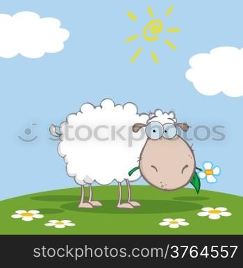 White Sheep Cartoon Character Eating A Flower On A Meadow