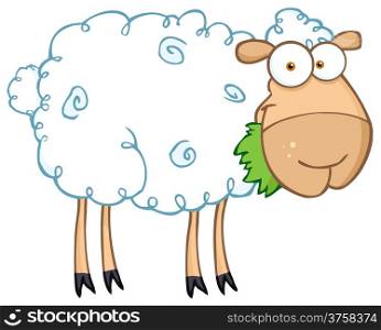 White Sheep Cartoon Character Eating A Grass