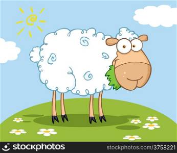 White Sheep Cartoon Character Eating A Grass On A Hill