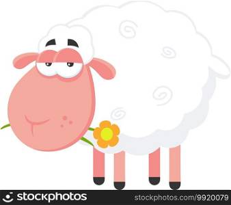 White Sheep Cartoon Character With A Flower. Vector Illustration Flat Design Isolated On Transparent Background