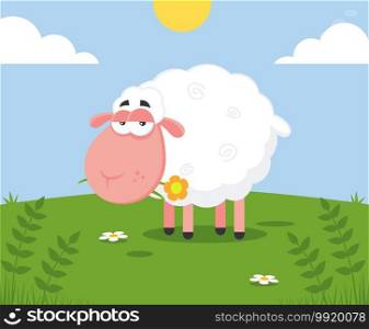 White Sheep Cartoon Character With A Flower. Vector Illustration Flat Design With Background