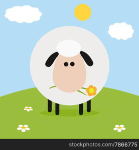 White Sheep With Flower On A Hill.Modern Flat Design Easter Card