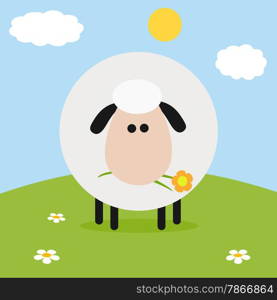 White Sheep With Flower On A Hill.Modern Flat Design Easter Card