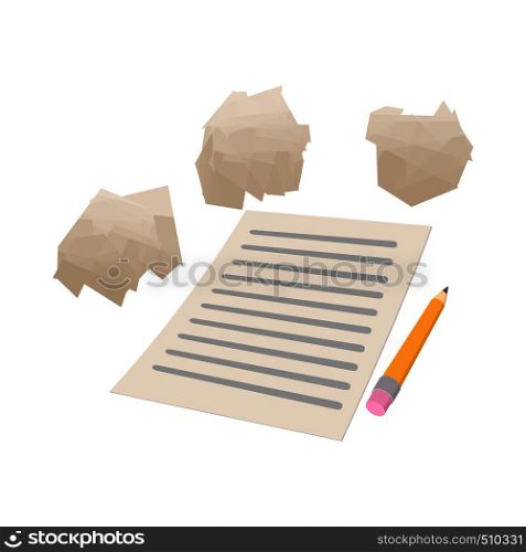 White sheet of paper and crumpled paper icon in cartoon style on a white background . White sheet of paper and crumpled paper icon