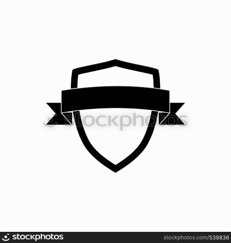 White shield with black ribbon icon in simple style on a white background. White shield with black ribbon icon, simple style