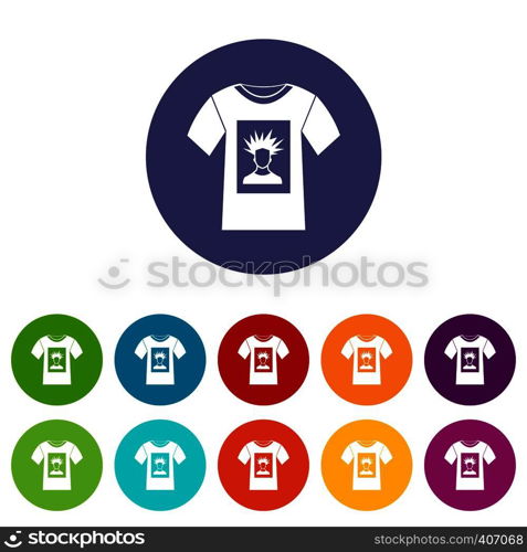 White shirt with print of man portrait set icons in different colors isolated on white background. White shirt with print of man portrait set icons