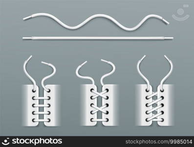 White shoelaces, lacing by ropes in sneakers different ways. Vector realistic set of wavy and straight footwear cords, boots or shoes with strings isolated on gray background. White shoelaces, lacing by ropes in sneakers