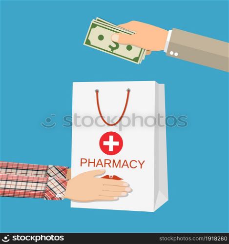 White shopping bag for medical pills and bottles, healthcare and shopping, pharmacy, drug store. Hand with money. Delivery. Vector illustration in flat style. White shopping bag for medical pills and bottles,