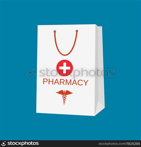 White shopping bag for medical pills and bottles, healthcare and shopping, pharmacy, drug store. Vector illustration in flat style. White shopping bag for medical pills