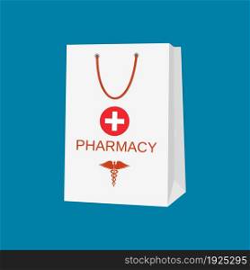 White shopping bag for medical pills and bottles, healthcare and shopping, pharmacy, drug store. Vector illustration in flat style. White shopping bag for medical pills