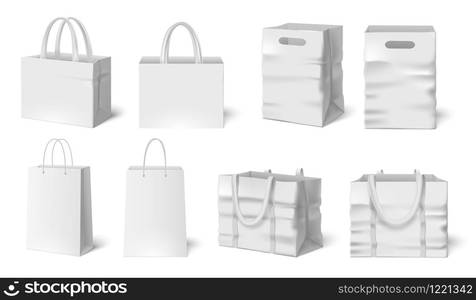 White shopping bag mockup. Paper bags, fabric bag 3d realistic packaging template vector set. Collection of modern clean packages with handles for corporate identity. Blank packs for store branding.. White shopping bag mockup. Paper bags, fabric bag 3d realistic packaging template vector set