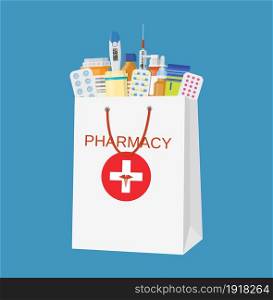 White shopping bag with different medical pills and bottles, healthcare and shopping, pharmacy, drug store. Vector illustration in flat style. White shopping bag