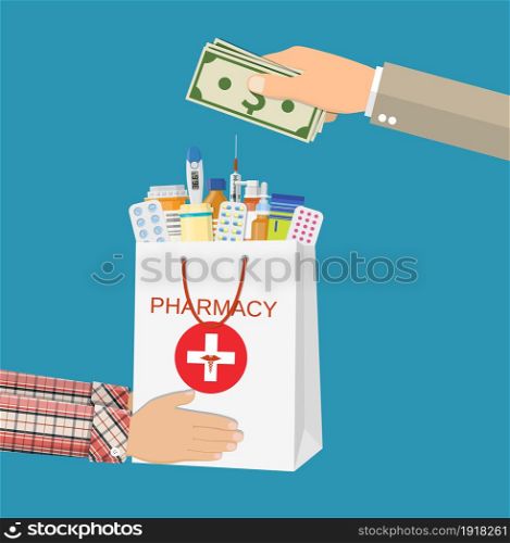 White shopping bag with different medical pills and bottles in hand. Healthcare and shopping, pharmacy, drug store. Hand with money, delivery. Vector illustration in flat style. White shopping bag with different medical pills