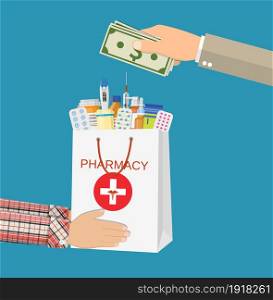 White shopping bag with different medical pills and bottles in hand. Healthcare and shopping, pharmacy, drug store. Hand with money, delivery. Vector illustration in flat style. White shopping bag with different medical pills