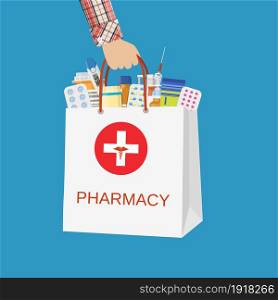 White shopping bag with different medical pills and bottles in hand. Healthcare and shopping, pharmacy, drug store. Vector illustration in flat style. White shopping bag with different medical pills