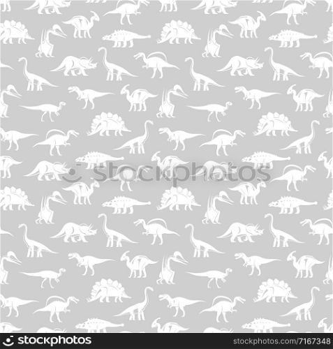 White silhouettes different dinosaurus vector seamless pattern. Illustration of dino prehistoric, prehistory tyrannosaurus silhouette. White silhouettes different dinosaurus vector seamless pattern