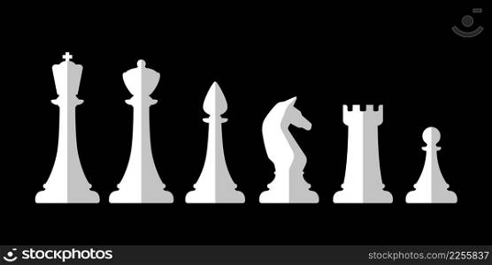 White silhouettes of chess pieces. Flat chess icons.. White flat chess icons of chess pieces.