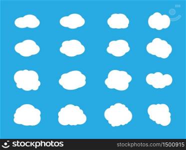 White simple clouds set vectors for sky . Thinking, speech bubbles in cartoon style or tags, cloud message shapes for social nets are shown. Cute smokes are isolated on blue background.. White simple clouds set vectors for sky . Thinking, speech bubbles in cartoon style or tags