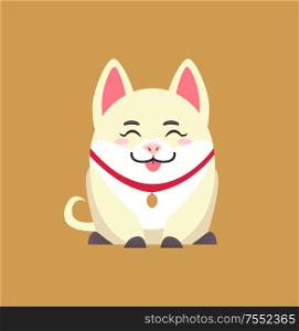 White sitting pig with pendant, showing tongue vector. Chinese horoscope piglet, New Year symbol in cartoon style. Isolated cheerful piggy on brown. White Pig with Pendant, Animal Show Tongue Vector