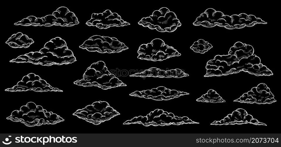 White sketch clouds. Hand drawn cloud, sky cloudscape. Outline sketching narture vintage vector collection. Illustration outline line, sketch drawn. White sketch clouds. Hand drawn cloud, sky cloudscape. Outline sketching narture vintage vector collection