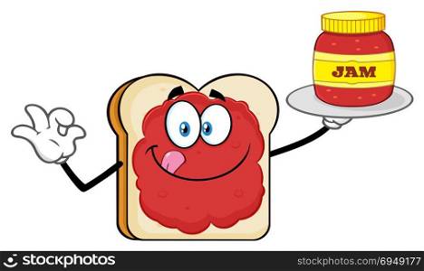 White Sliced Bread Cartoon Mascot Character With Jam Holding A Jar Of Jam. Illustration Isolated On White Background