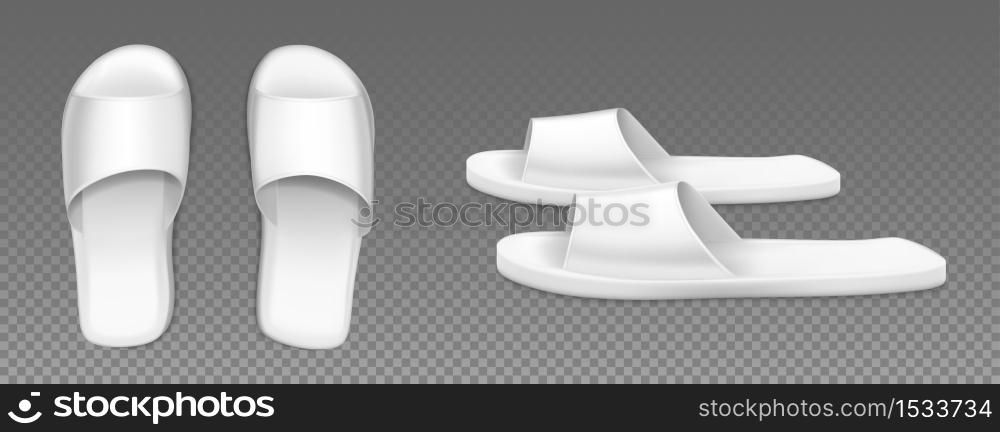 White slippers top and side view. Flip flops for home, spa salon or hotel isolated on transparent background. Bathroom or beach rubber shoes mockup, blank footwear, Realistic 3d vector illustration. White slippers top and side view footwear for home